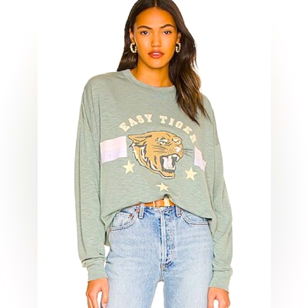 SHOW ME YOUR MUMU Palmer Easy Tiger Sweatshirt Pullover Top Sage Green & Pink